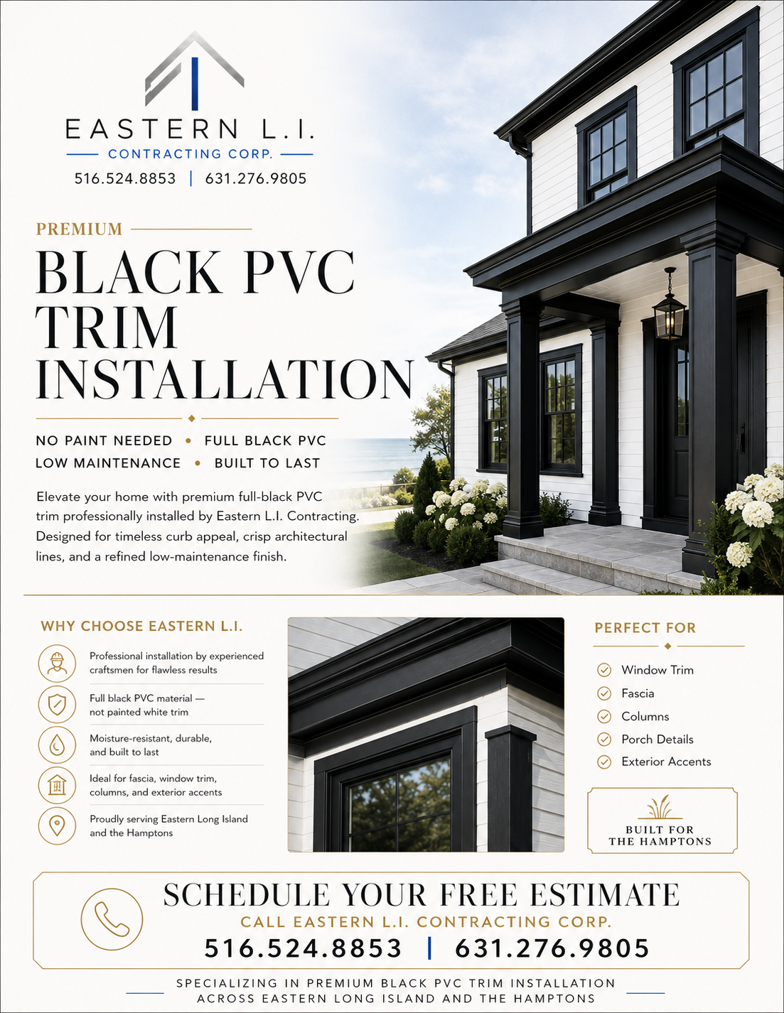 Premium black PVC trim installation by Eastern L.I. Contracting Corp.